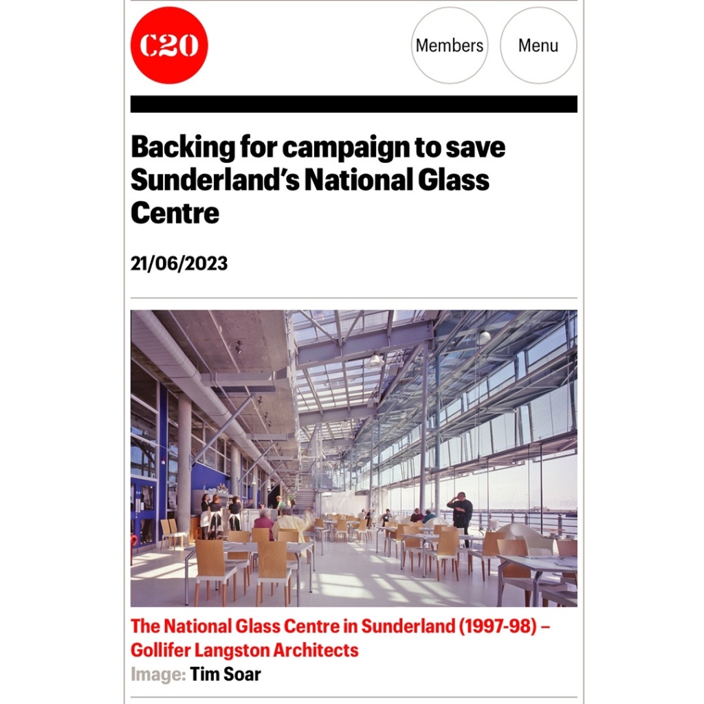 Screenshot showing the 20th century society article supporting save the National glass centre 